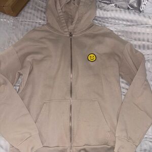 Gilly Hicks Cream Zip Up Sweater with Smiley Patch